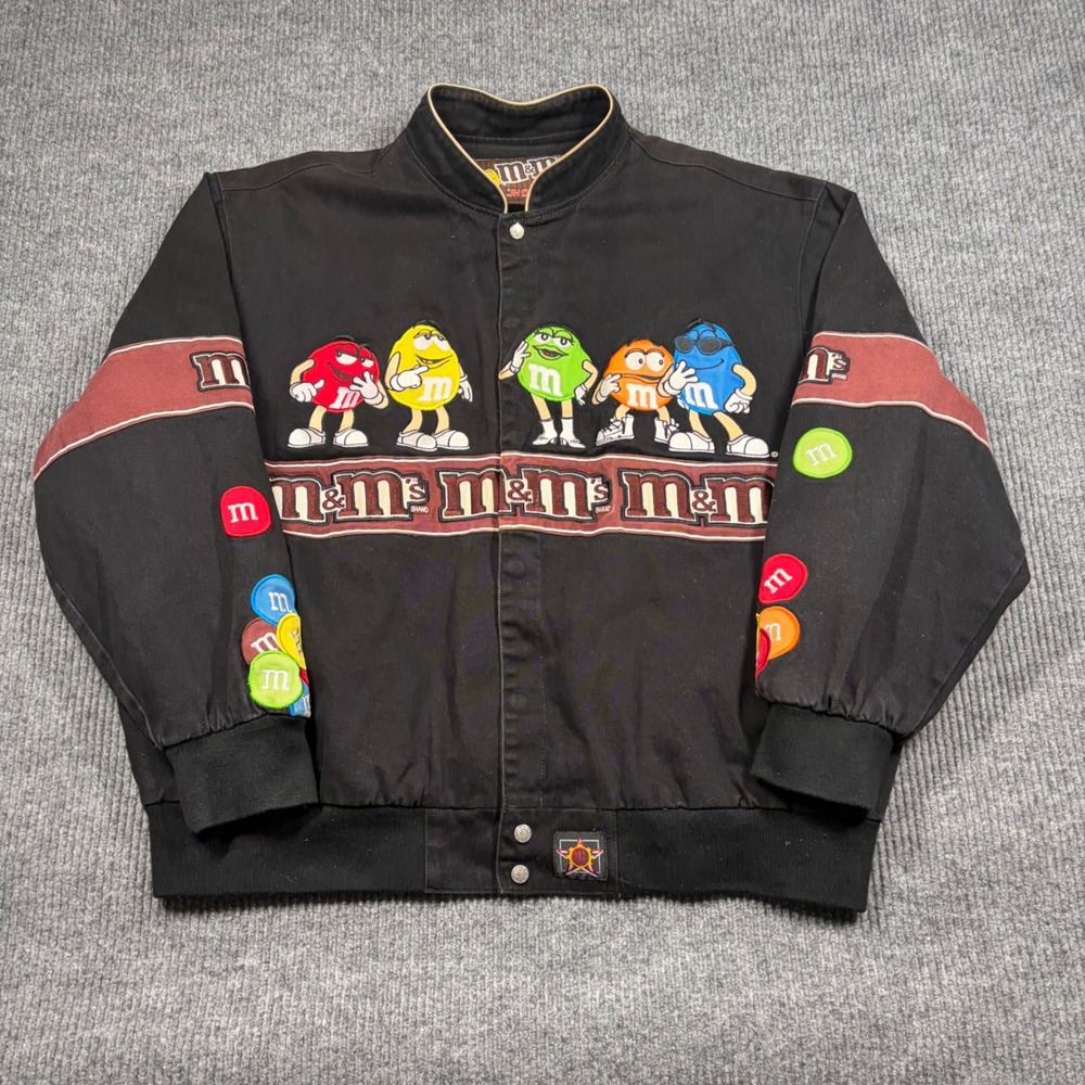 M&M's JH Design Racing Jacket Mens 3XL Black Cotton Twill Embroidered Characters